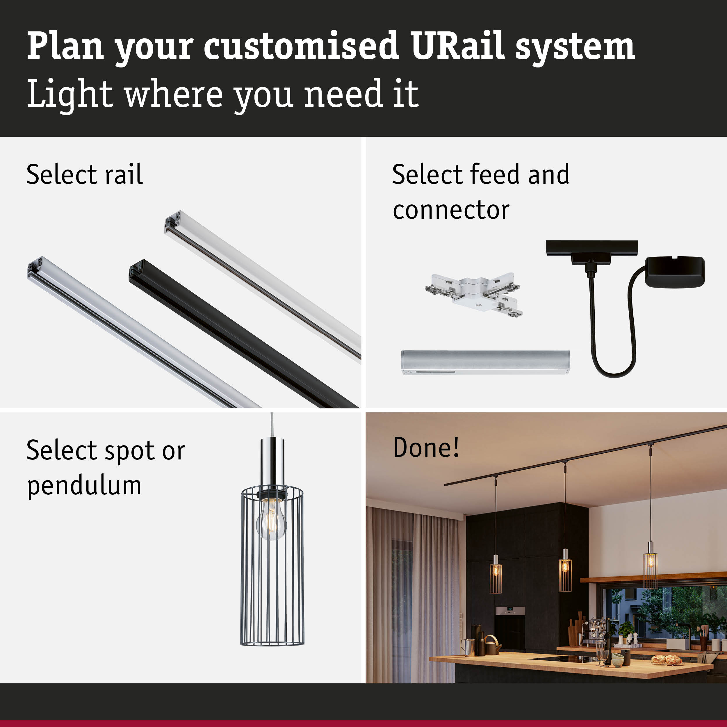 Modular URail track system with black and white aluminium rails for flexible LED lighting setup.