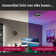 Zwarte ronde LED-plafondlamp met witte lichtcirkel in moderne werk- en speelkamer