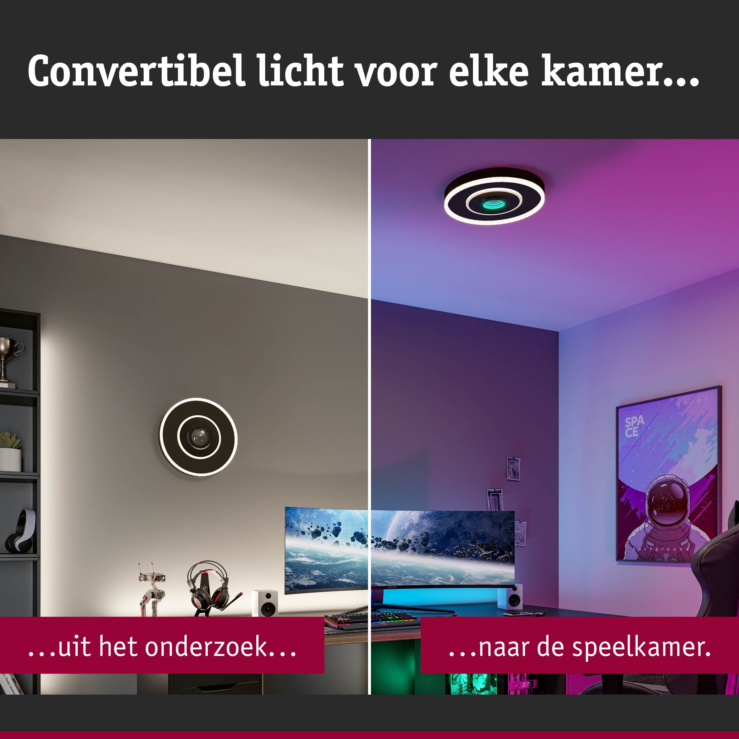 Zwarte ronde LED-plafondlamp met witte lichtcirkel in moderne werk- en speelkamer