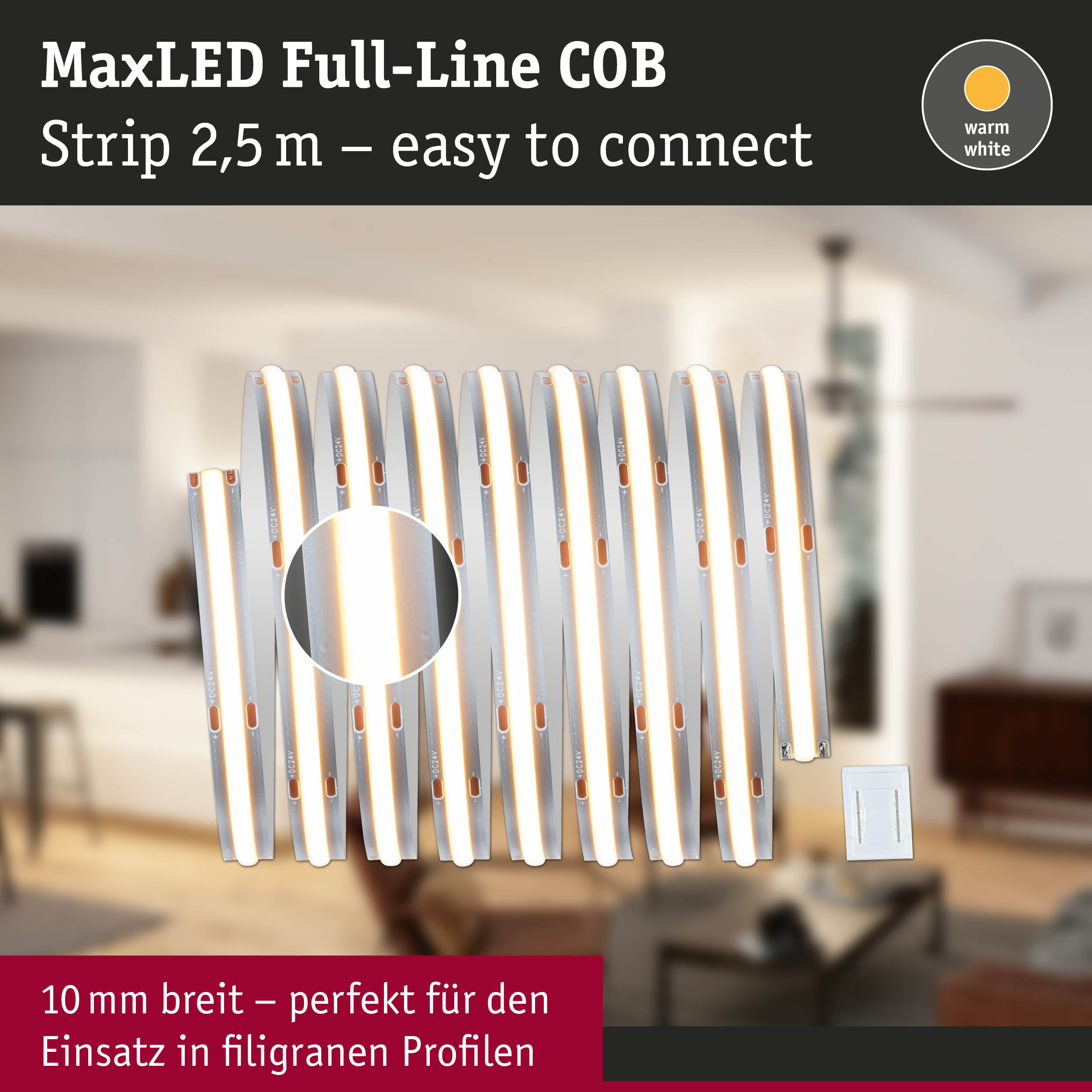 MaxLED Full-Line COB LED-Strip 2,5 m in warmweiß, 10 mm breit für filigrane Profile