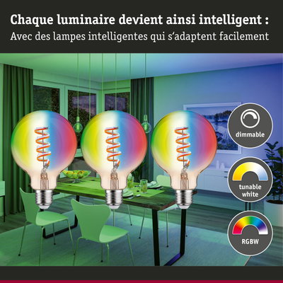 Trois ampoules LED dimmables RGBW dans une salle à manger moderne avec chaises vertes