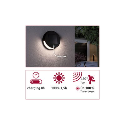 Round black solar wall light with sensor and LED for outdoor use, energy-saving garden lighting solution