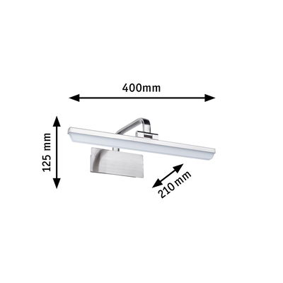 Modern LED picture light in brushed aluminum silver with dimensions 400x125x210 mm
