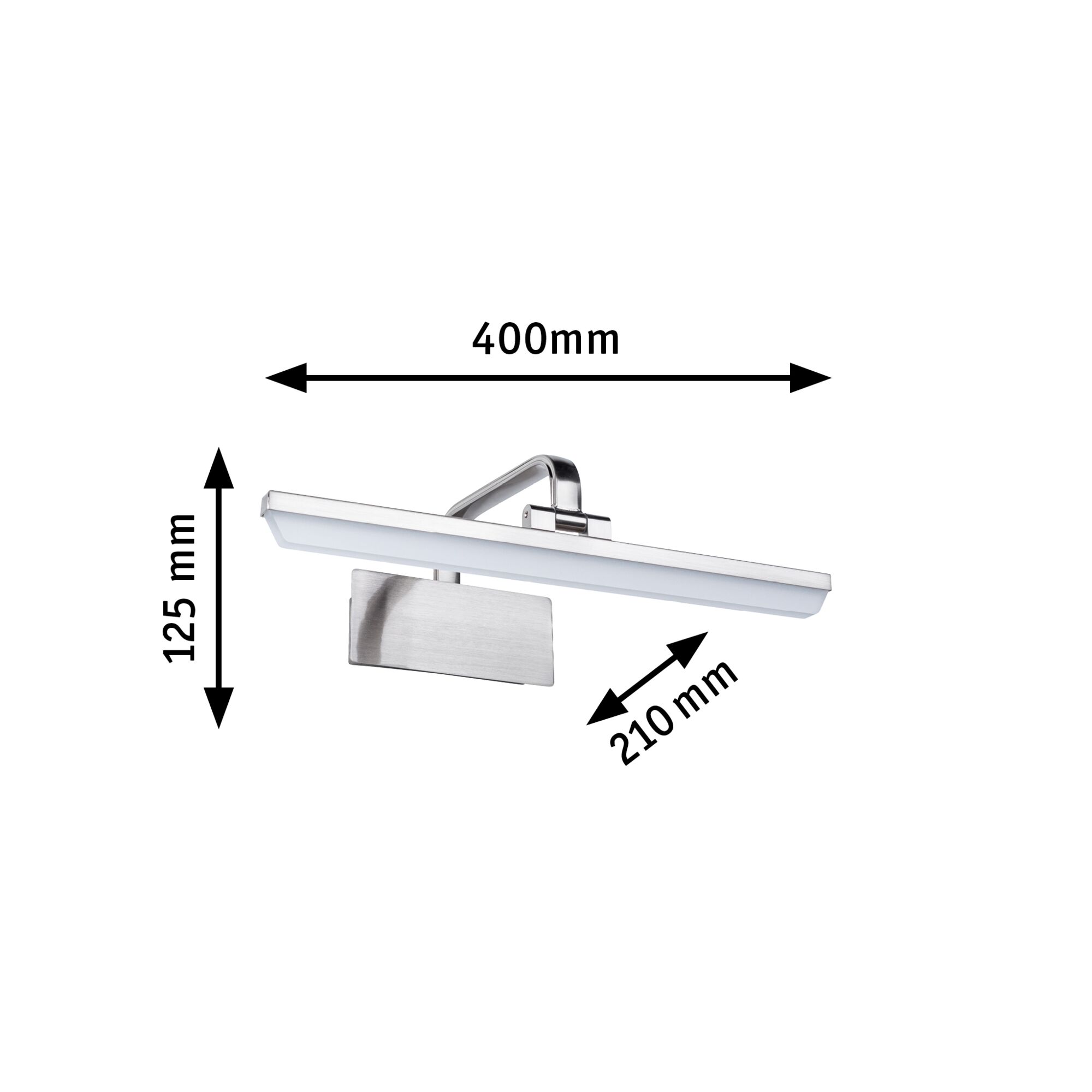 Applique LED moderne en aluminium brossé argenté, dimensions 400x125x210 mm