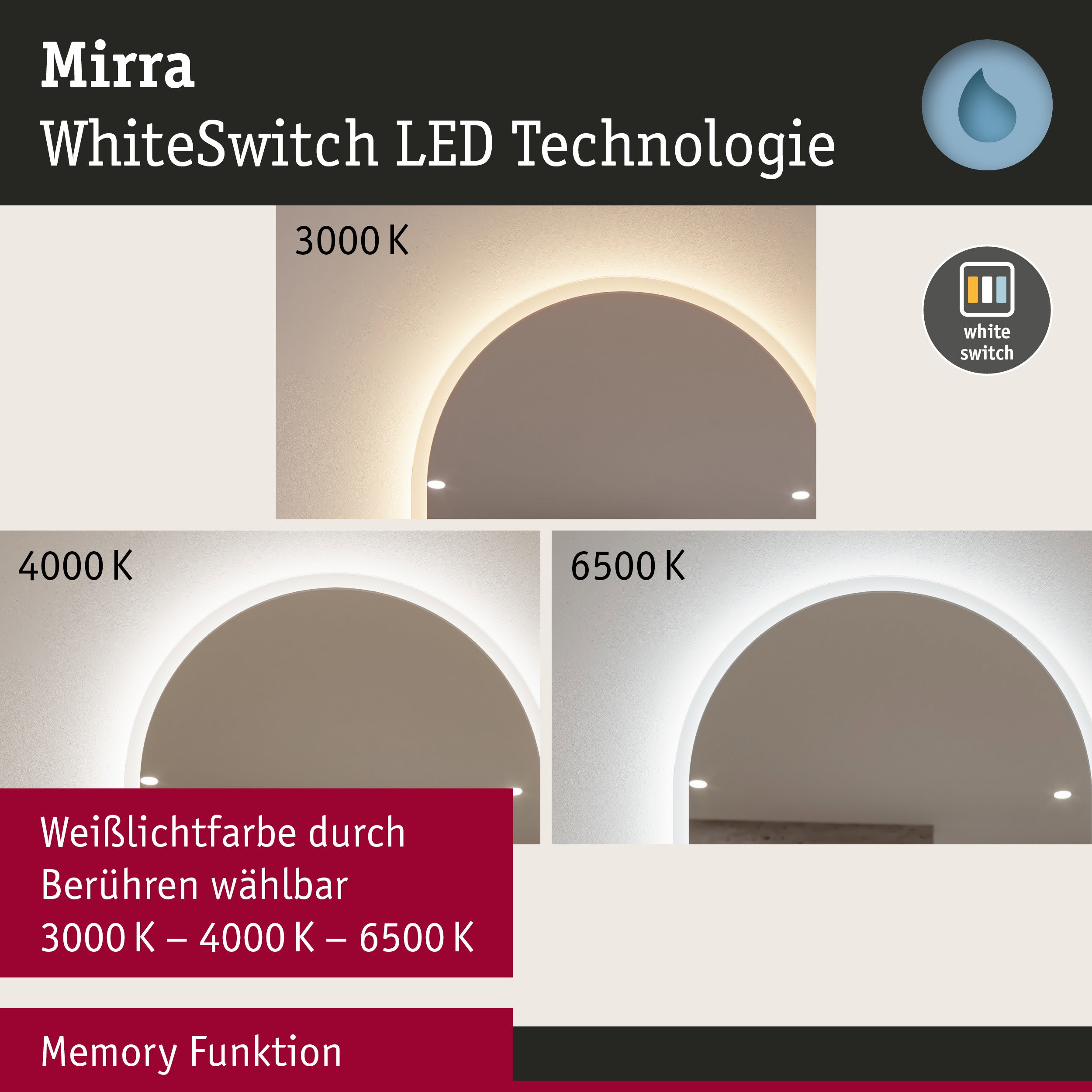 LED-Spiegelleuchte Mirra mit WhiteSwitch-Technologie in warmweiß, neutralweiß und kaltweiß