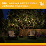 Garden with solar string lights on tree and seating area at night featuring automatic twilight sensor