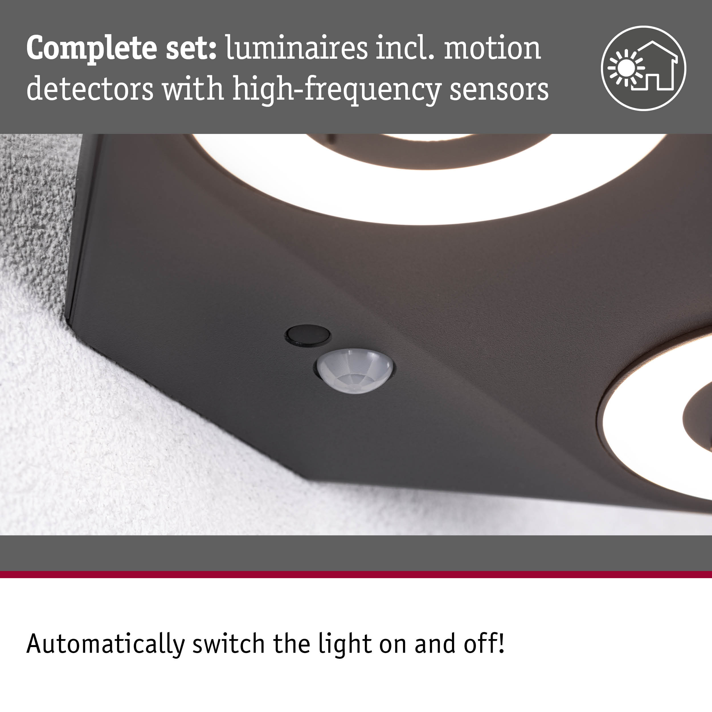 Black LED outdoor light with motion detector and high-frequency sensor for automatic light control