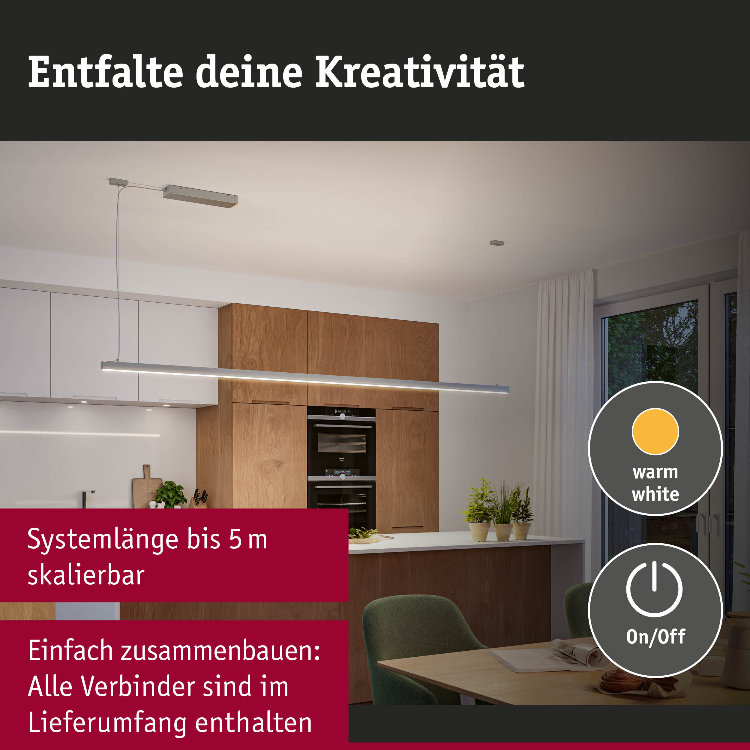 Moderne LED-Hängeleuchte in Aluminium mit warmweißem Licht über Kücheninsel, dimmbar und 5 m Systemlänge