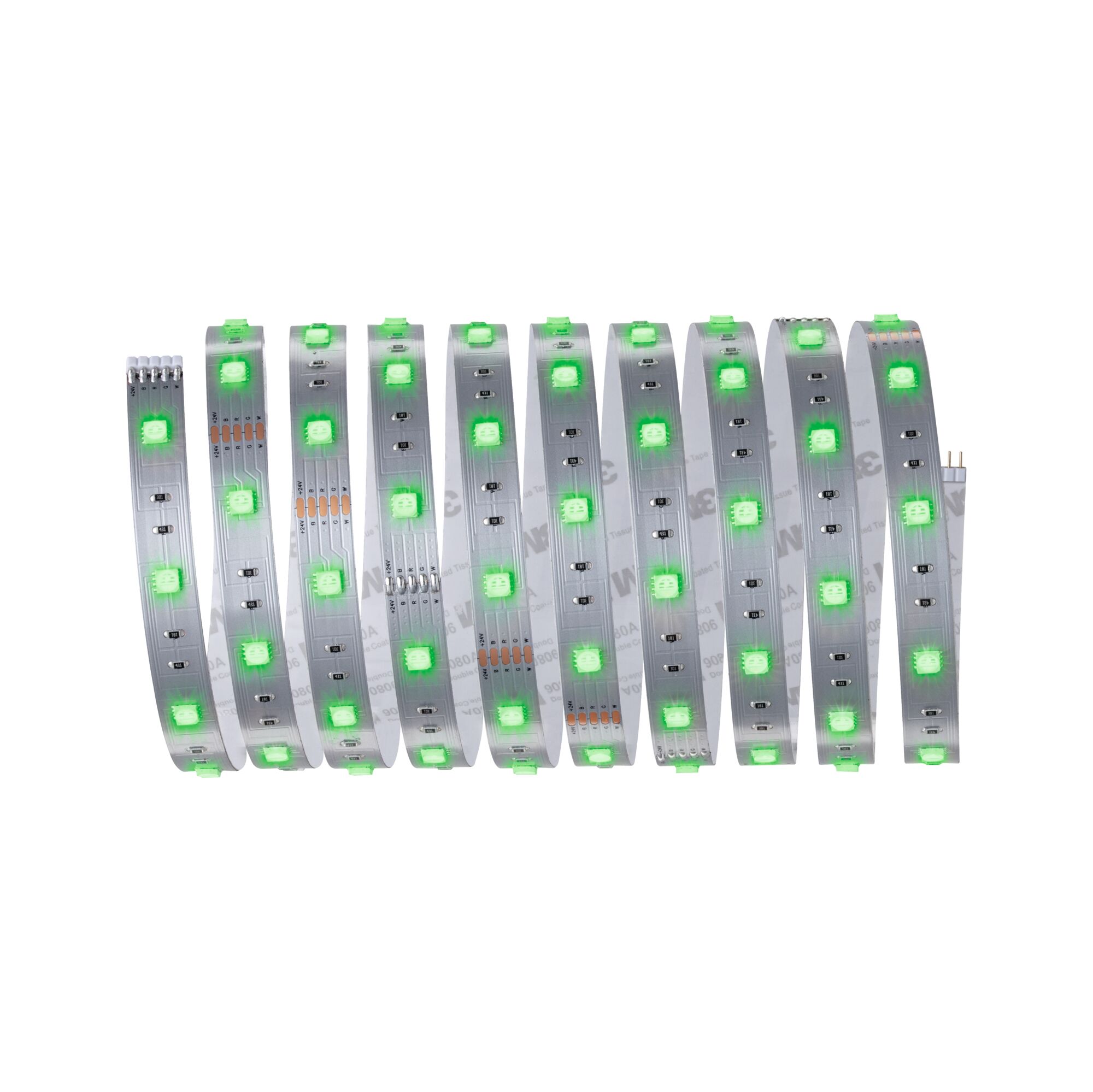 Flexible LED strip with green LEDs on silver circuit board for versatile lighting applications