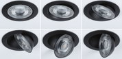 Schwarzer Einbaustrahler mit klarem Glasreflektor, verstellbar für gezielte LED-Beleuchtung im Raum.