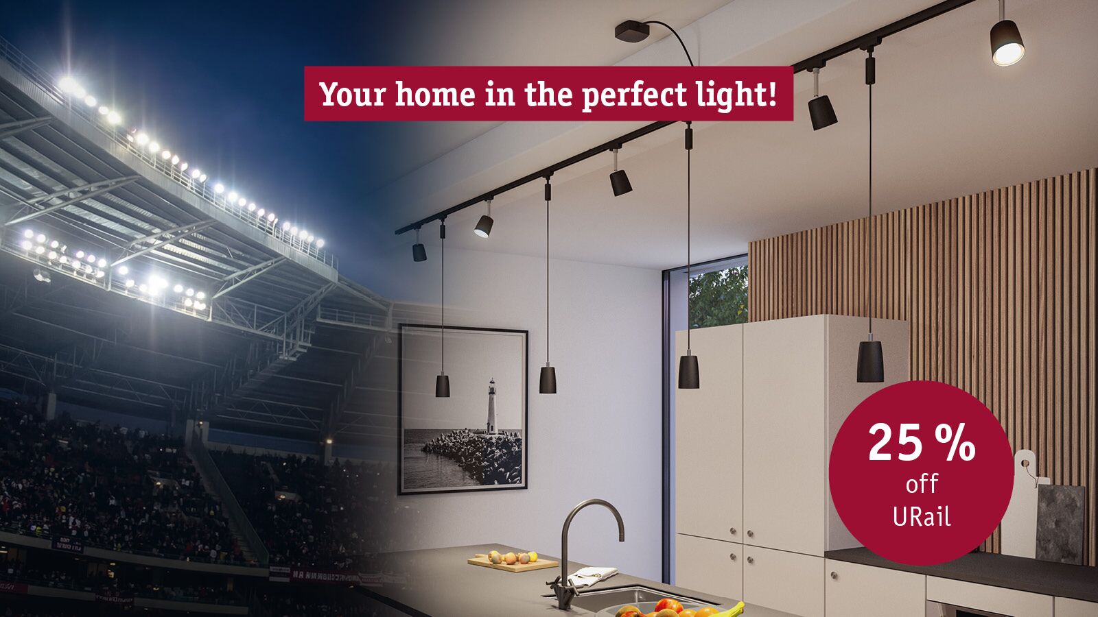 Modern black URail track lighting in kitchen with wood panels and white cabinets, home lighting solution