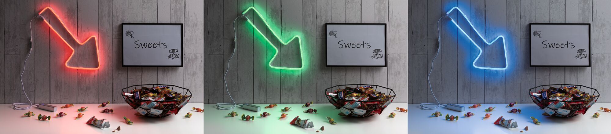 Triptych showing plastic LED arrow lights in red, green, and blue above candy bowl on table.