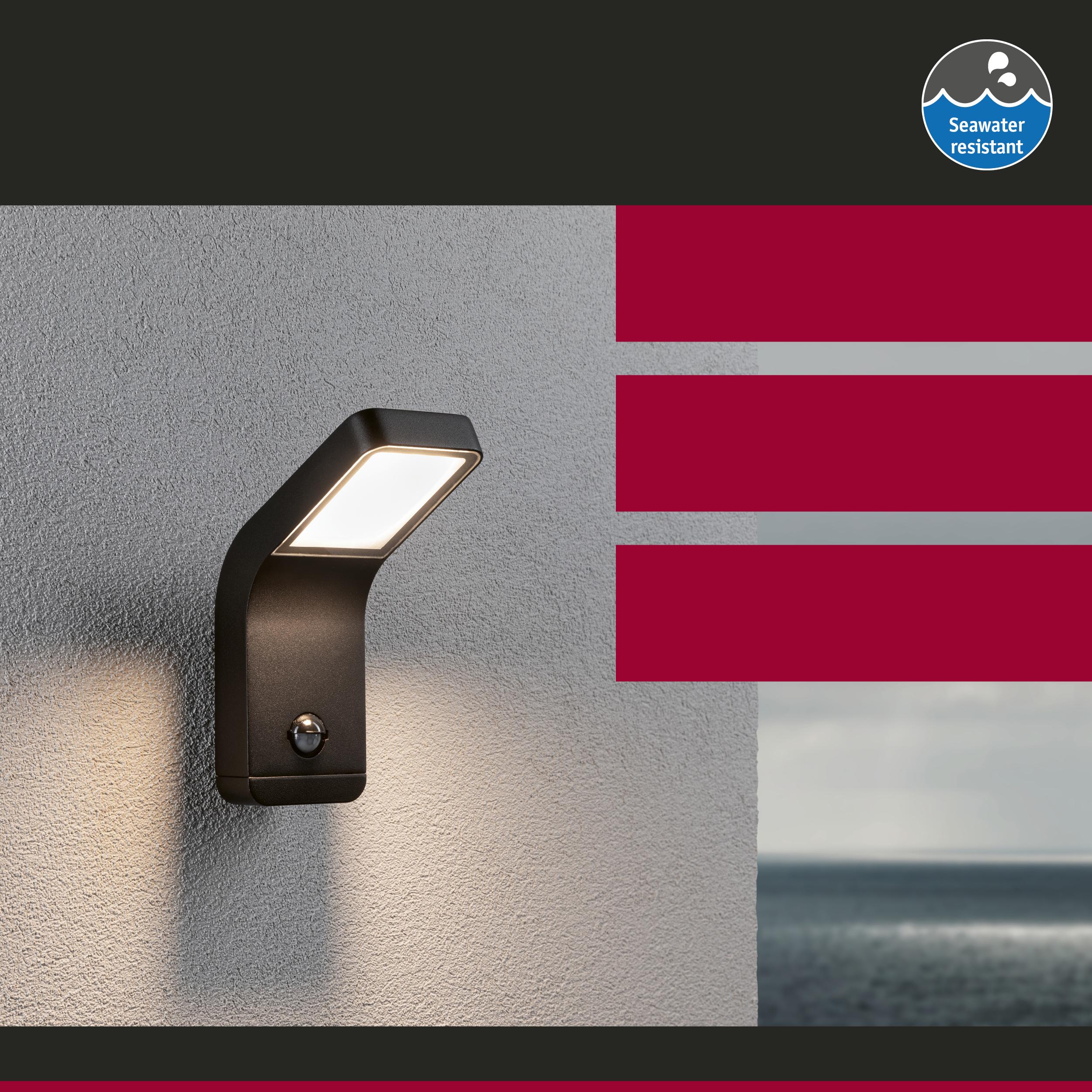 Zwarte LED-buitenwandlamp met bewegingssensor, zeewaterbestendig, modern ontwerp voor tuin en terrasverlichting