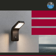 Zwarte metalen buitenwandlamp met LED en bewegingssensor, zoutwaterbestendig en weerbestendig