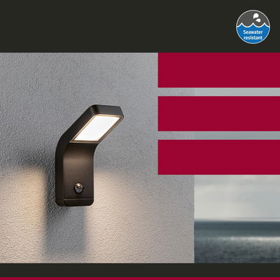 Zwarte LED-buitenwandlamp met bewegingssensor, zeewaterbestendig, modern ontwerp voor tuin en terrasverlichting