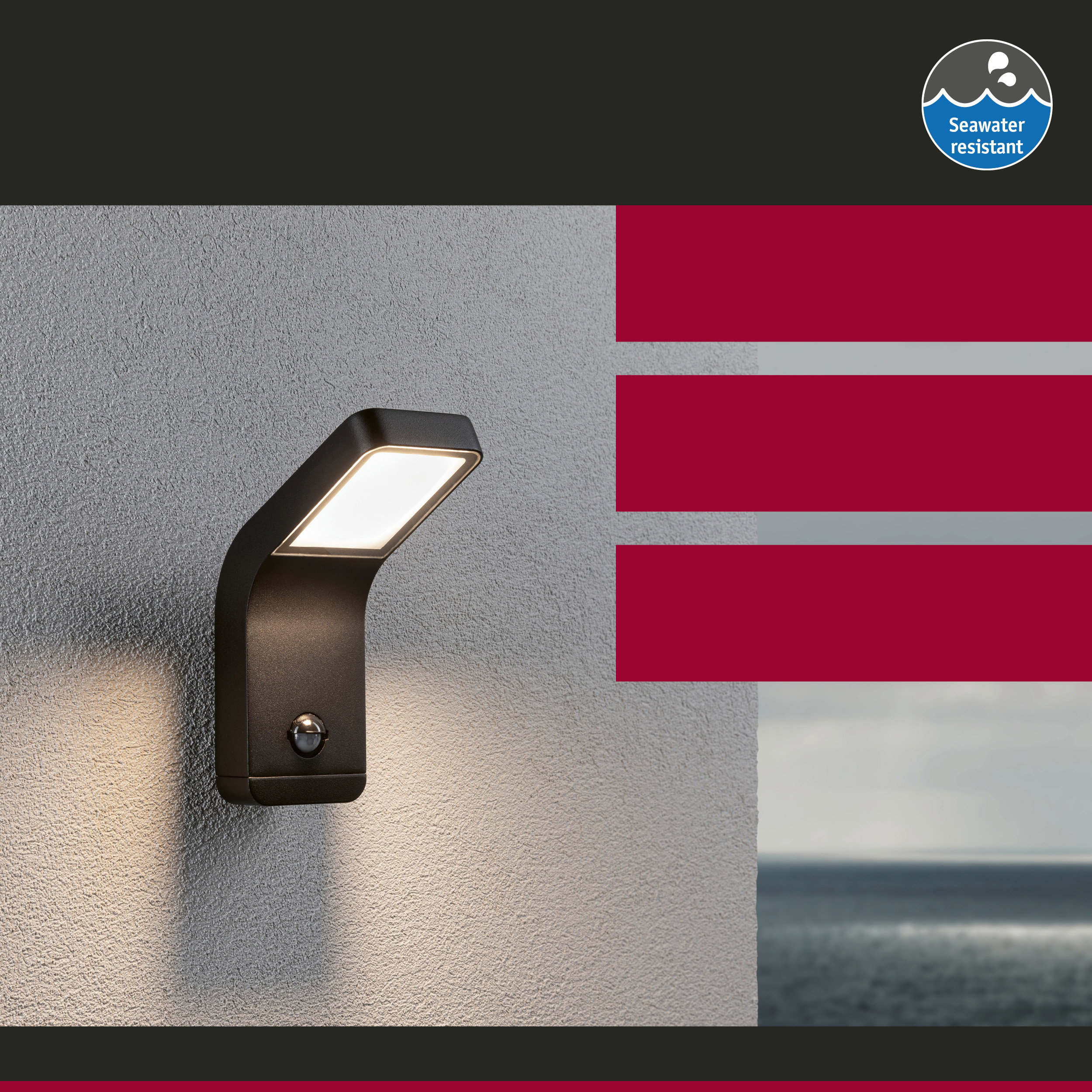 Zwarte metalen buitenwandlamp met LED en bewegingssensor, zoutwaterbestendig en weerbestendig