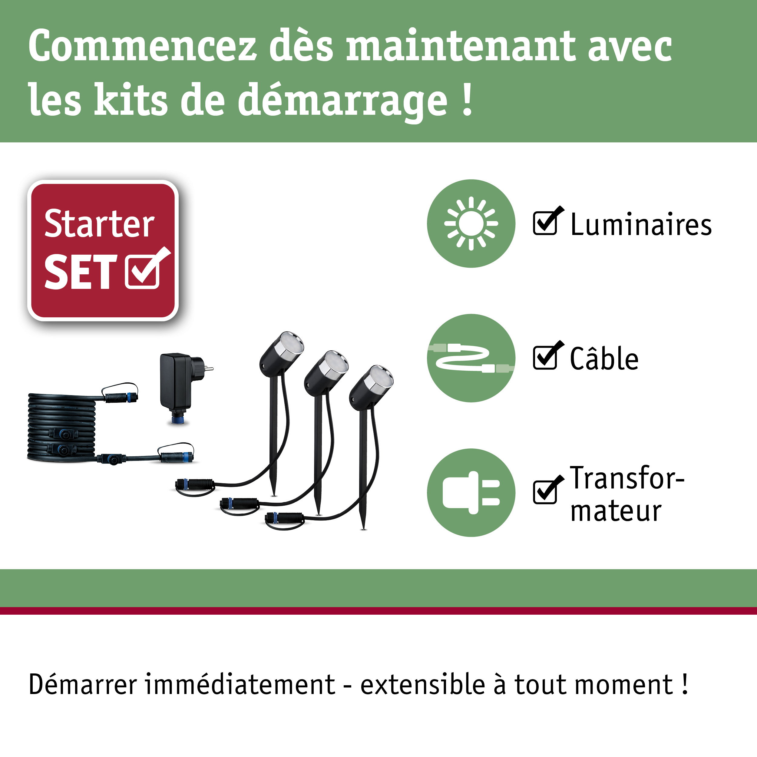 Kit de démarrage avec spots LED noirs, câble et transformateur pour éclairage extérieur de jardin