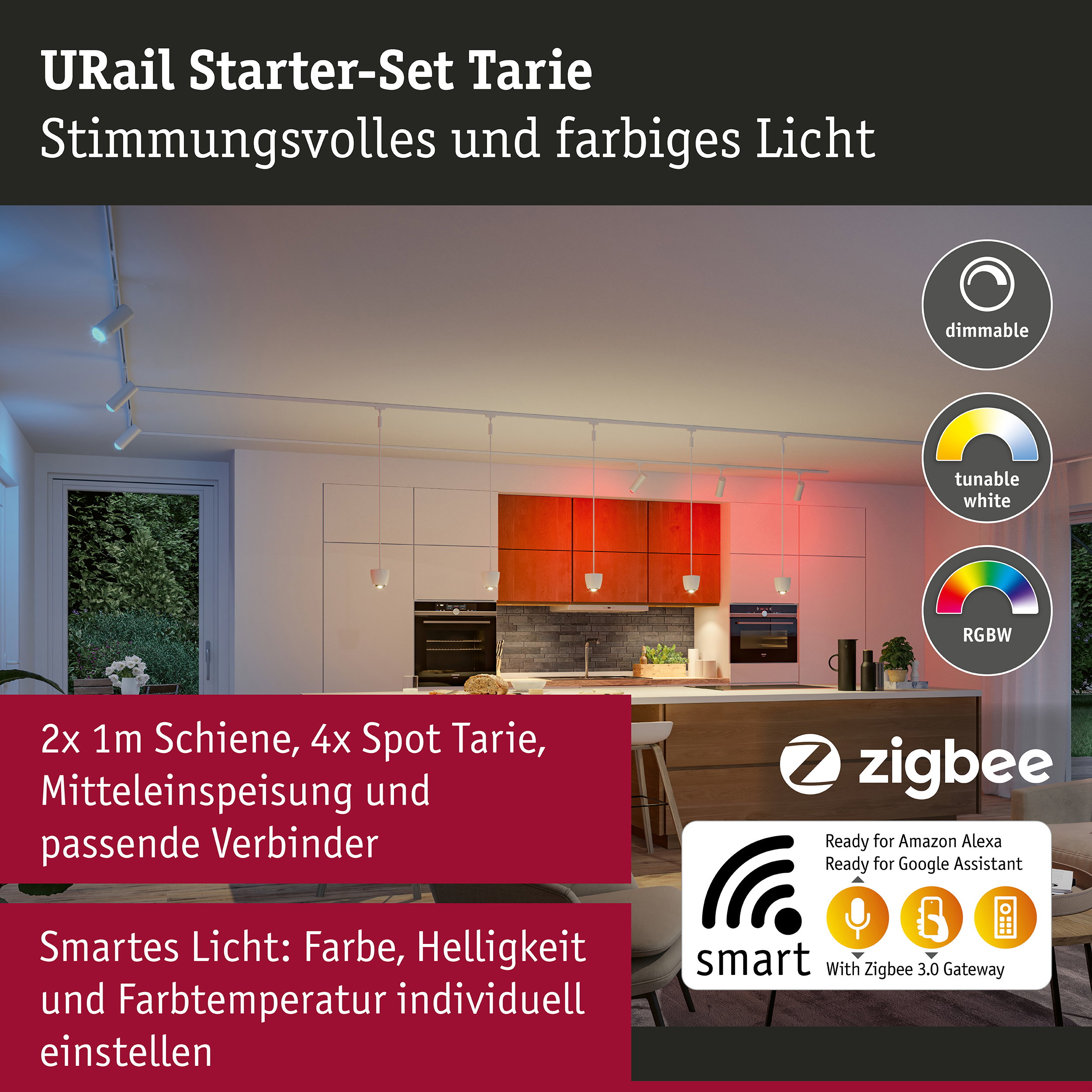 URail Schienenspot Smart Home Zigbee 3.0 Tarie Starterset Mitteleinspeisung 4x4,5W 230V Signalweiß