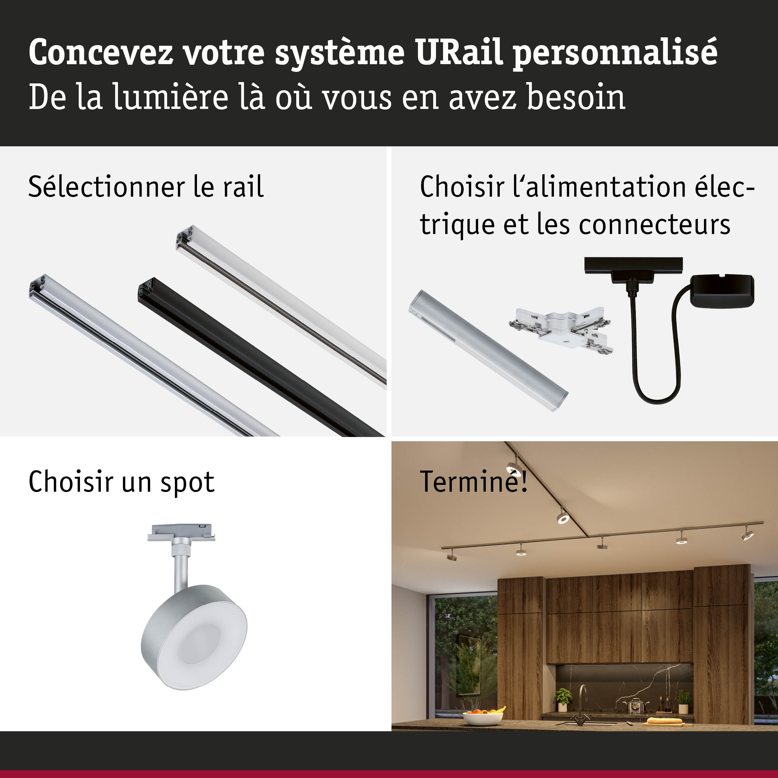 Système de rail URail modulaire en aluminium noir et blanc pour éclairage LED flexible.