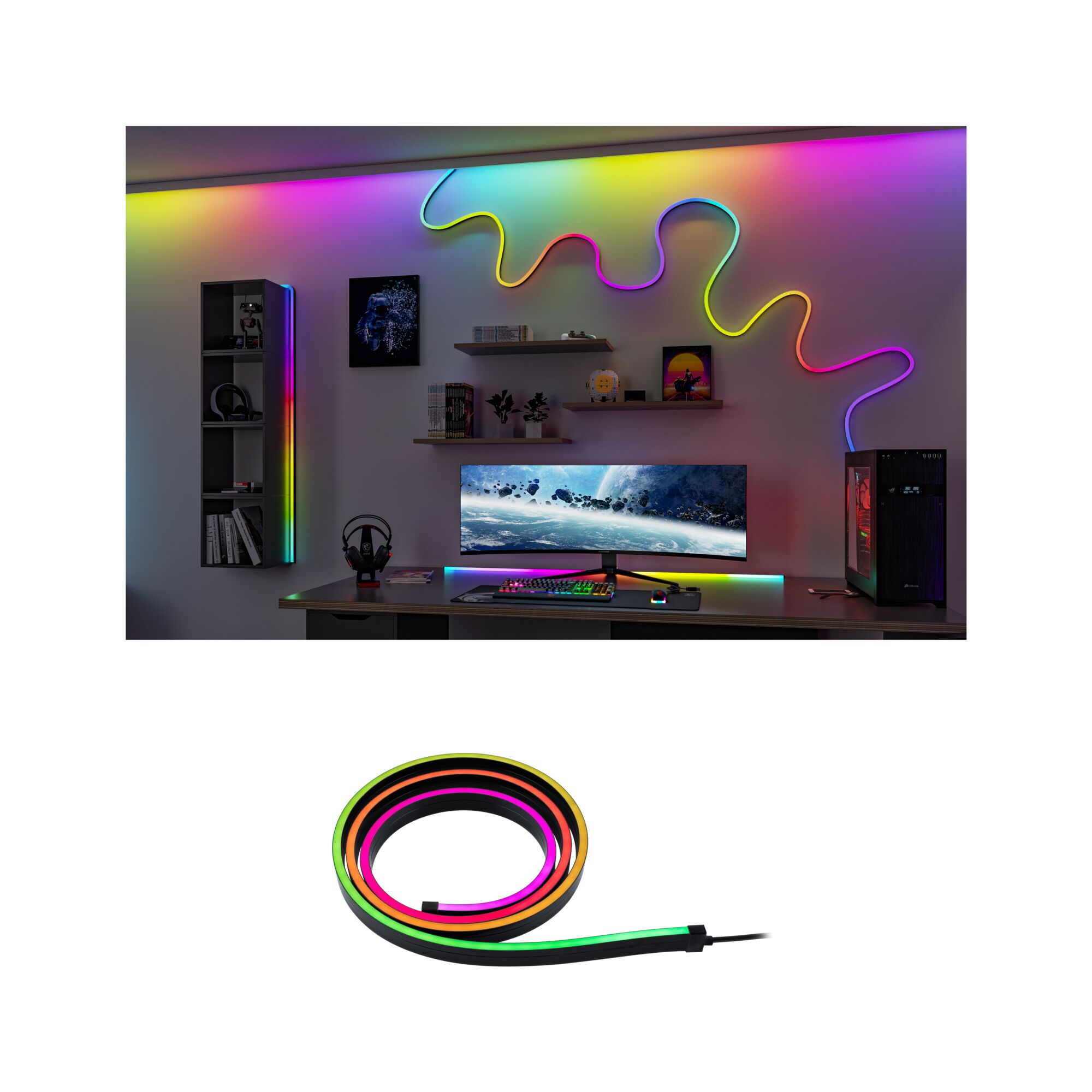 Kleurrijke flexibele LED-lichtstrip voor gaming setup met RGB-wandverlichting.