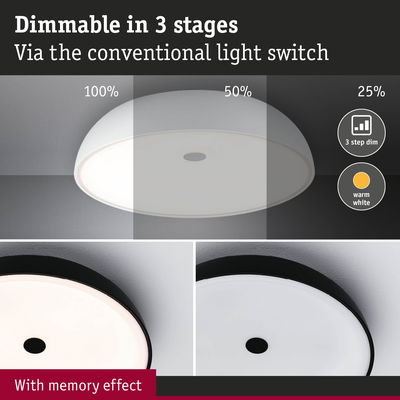 White LED ceiling light dimmable in three stages with memory effect for versatile home lighting