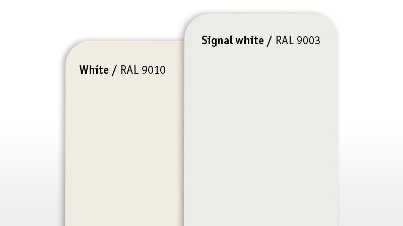 Farveprøvekort med RAL 9010 hvid og RAL 9003 signalhvid til belysningsdesign.