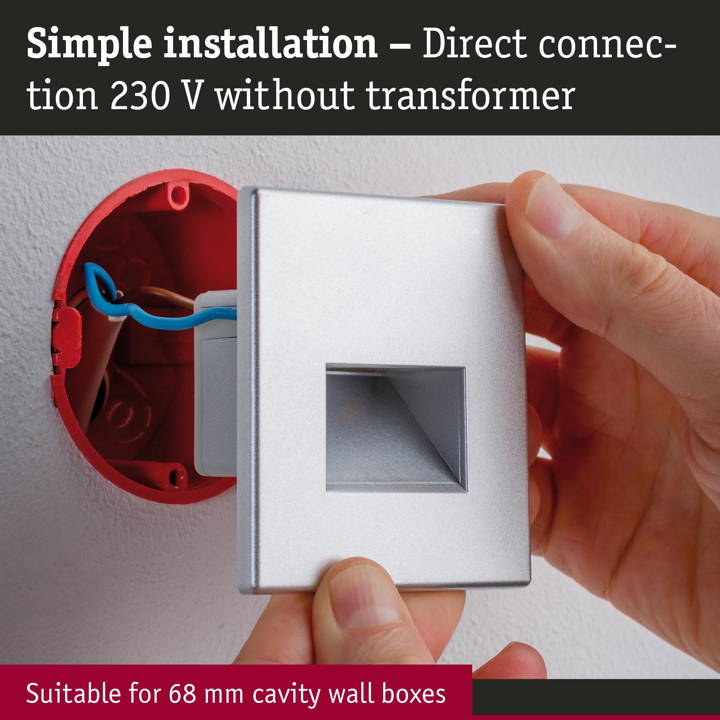 Silver LED wall light with direct 230 V connection suitable for 68 mm cavity wall boxes