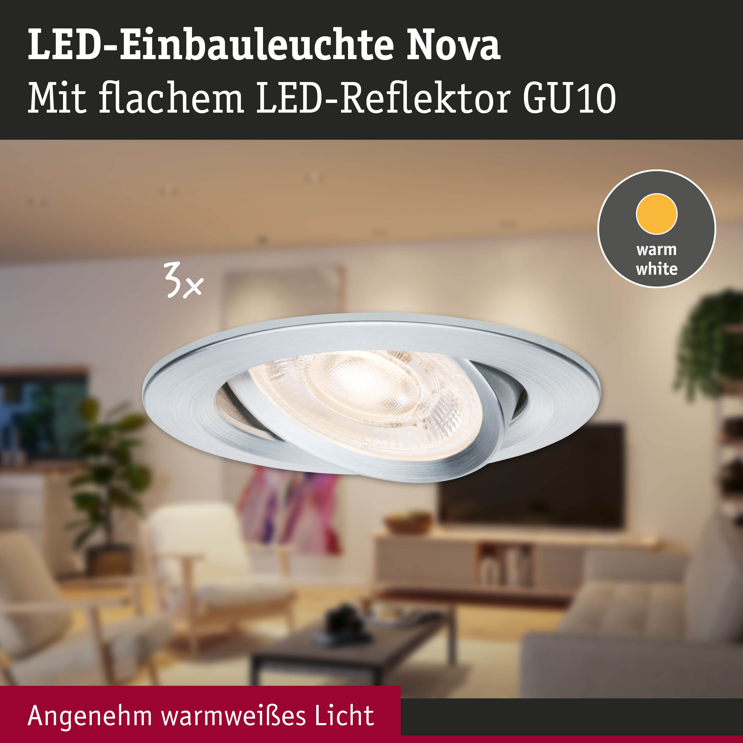 LED-Einbauleuchte Nova aus Aluminium in Silber mit warmweißem Licht und flachem GU10-Reflektor