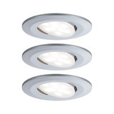 Set of three round matte silver LED recessed spotlights with adjustable heads for versatile lighting