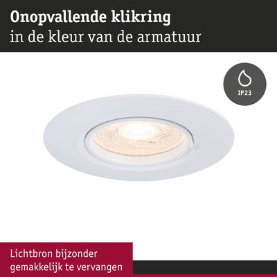 Witte inbouwspot met onopvallende klikring en IP23 bescherming voor badkamerverlichting