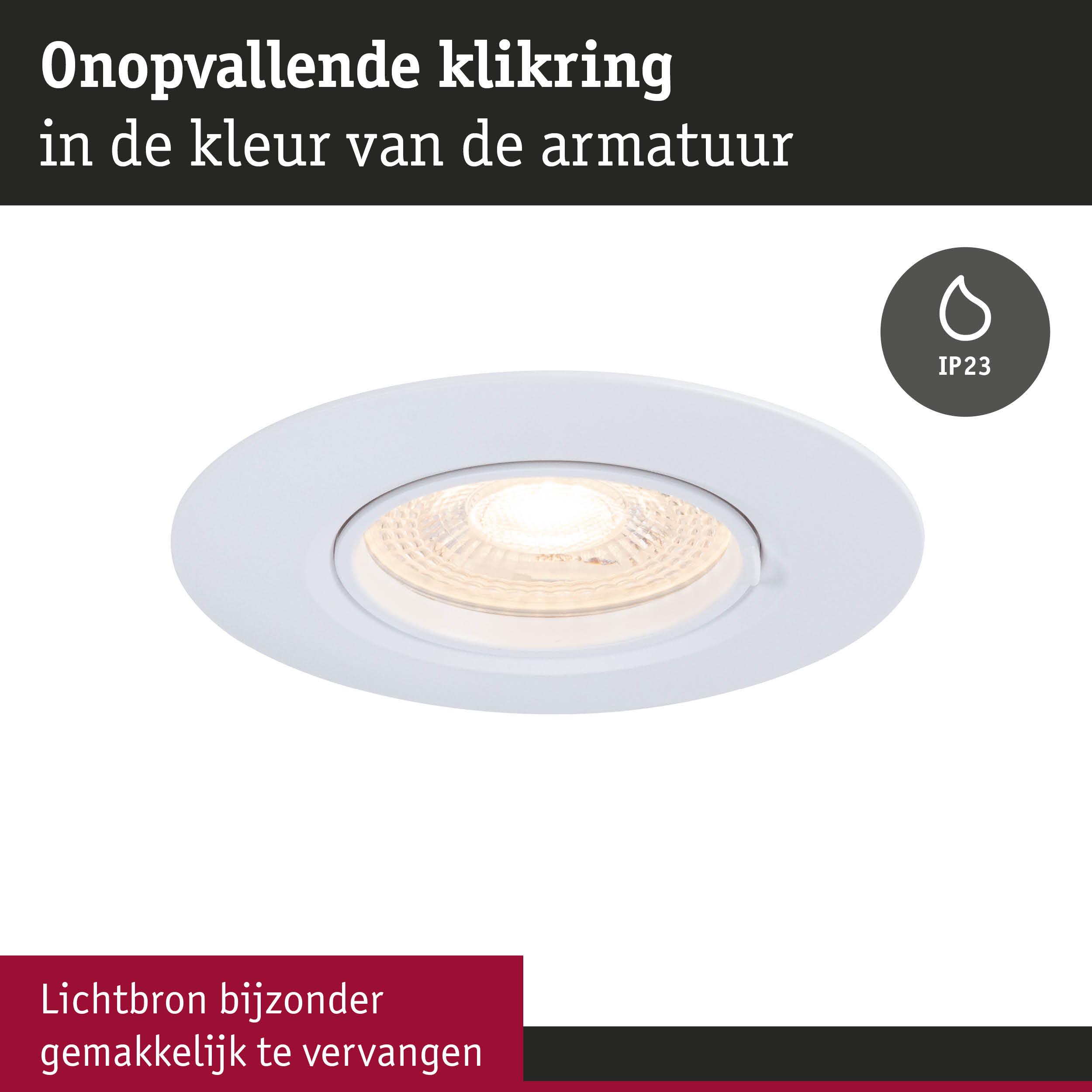 Witte inbouwspot met onopvallende klikring en IP23 bescherming voor badkamerverlichting