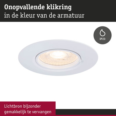 Witte inbouwspot met onopvallende klikring en IP23 bescherming voor badkamerverlichting