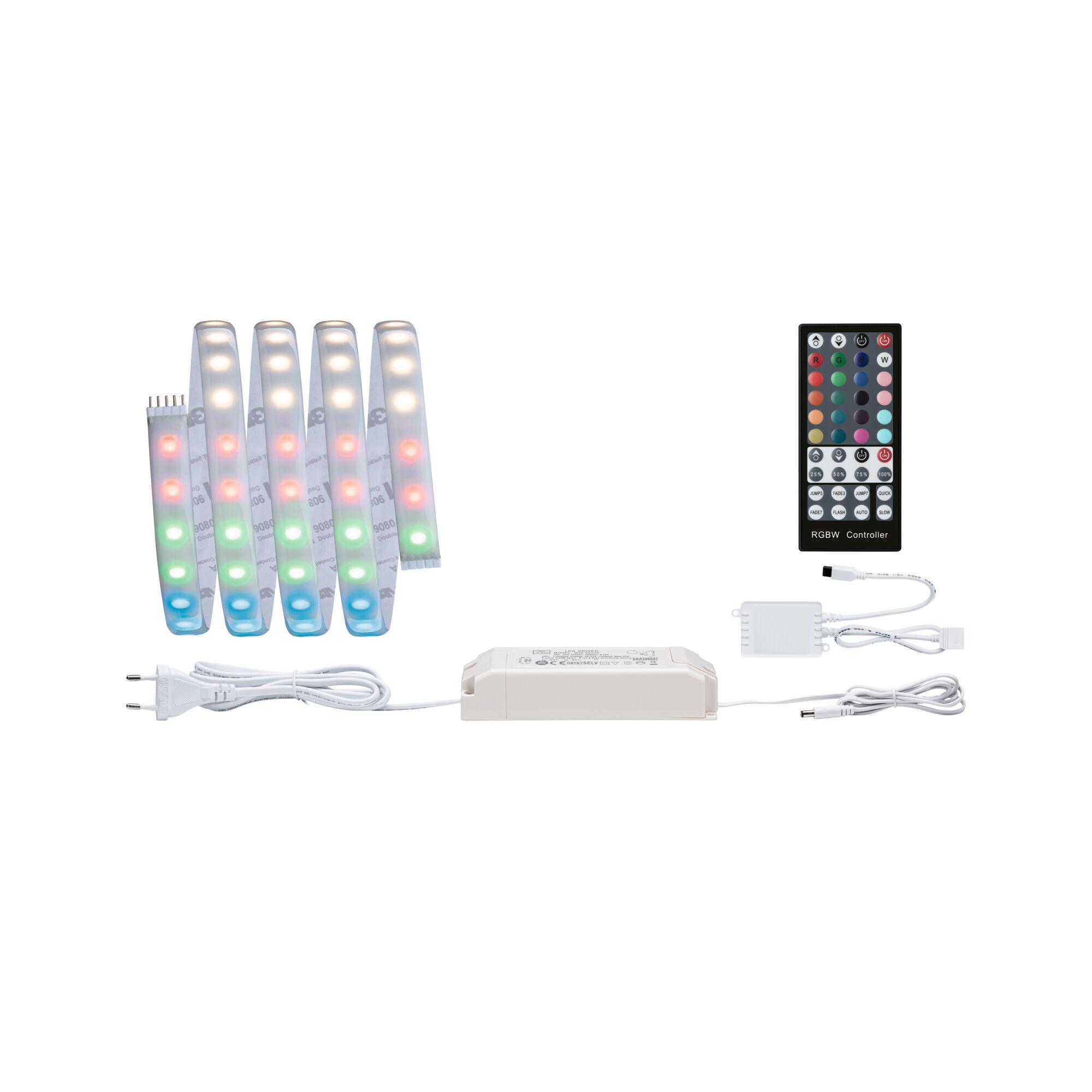 RGBW LED strip light with remote control and white power supply for versatile colour lighting