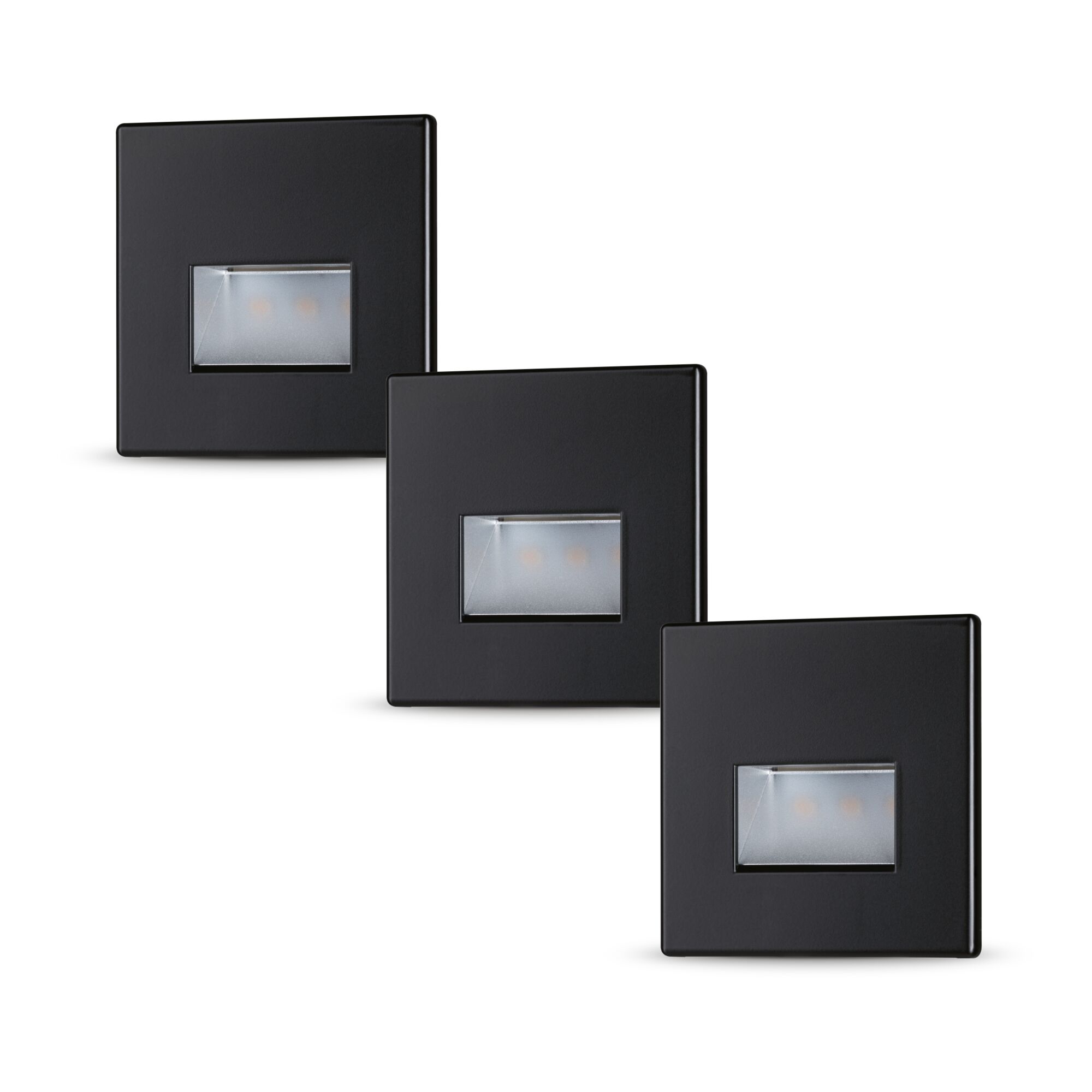 Drei quadratische LED-Wandleuchten in mattschwarz mit diffuser Lichtöffnung für moderne Innenbeleuchtung.
