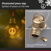Illuminated glass peace sign Christmas bauble with timer function and AAA battery power
