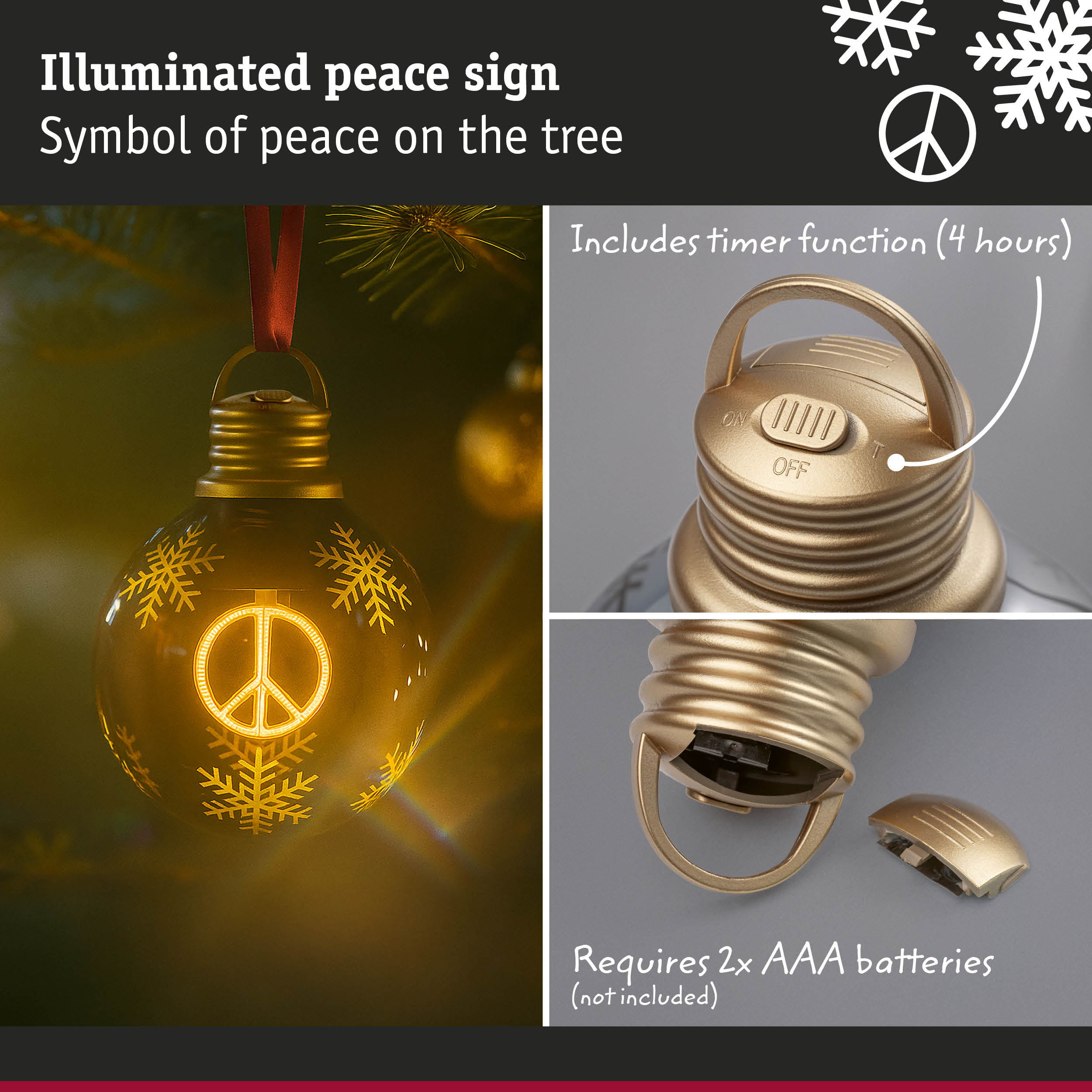 Illuminated glass peace sign Christmas bauble with timer function and AAA battery power