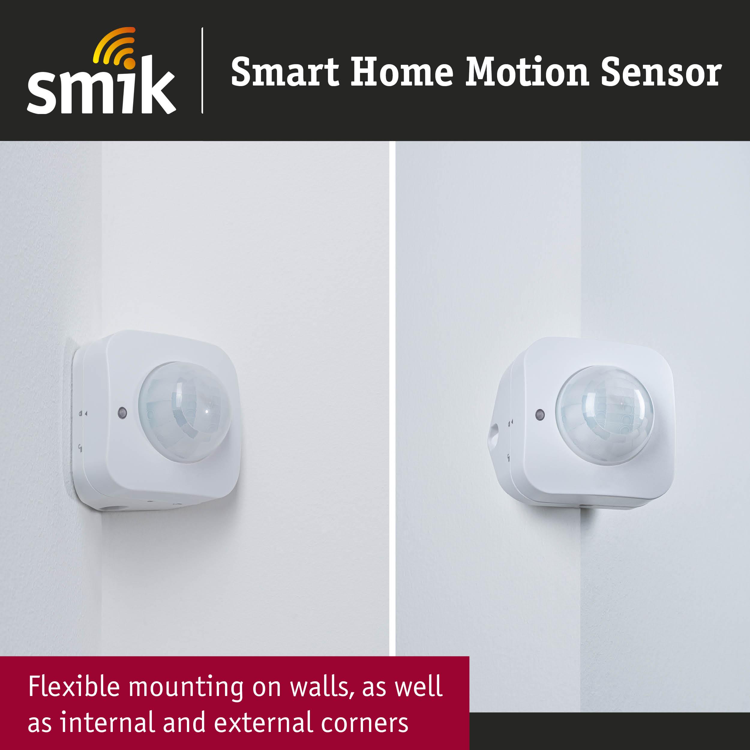White smart home motion sensor with flexible mounting on internal and external corners for home automation