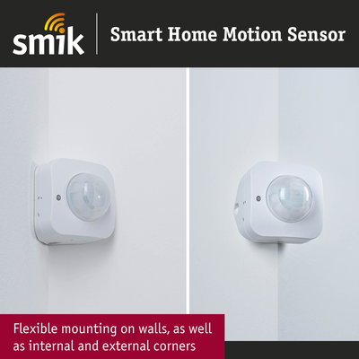 White smart home motion sensor with flexible mounting on internal and external corners for home automation