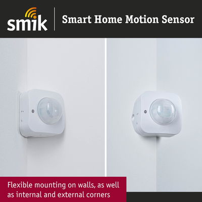 White smart home motion sensor with flexible mounting on internal and external corners for home automation