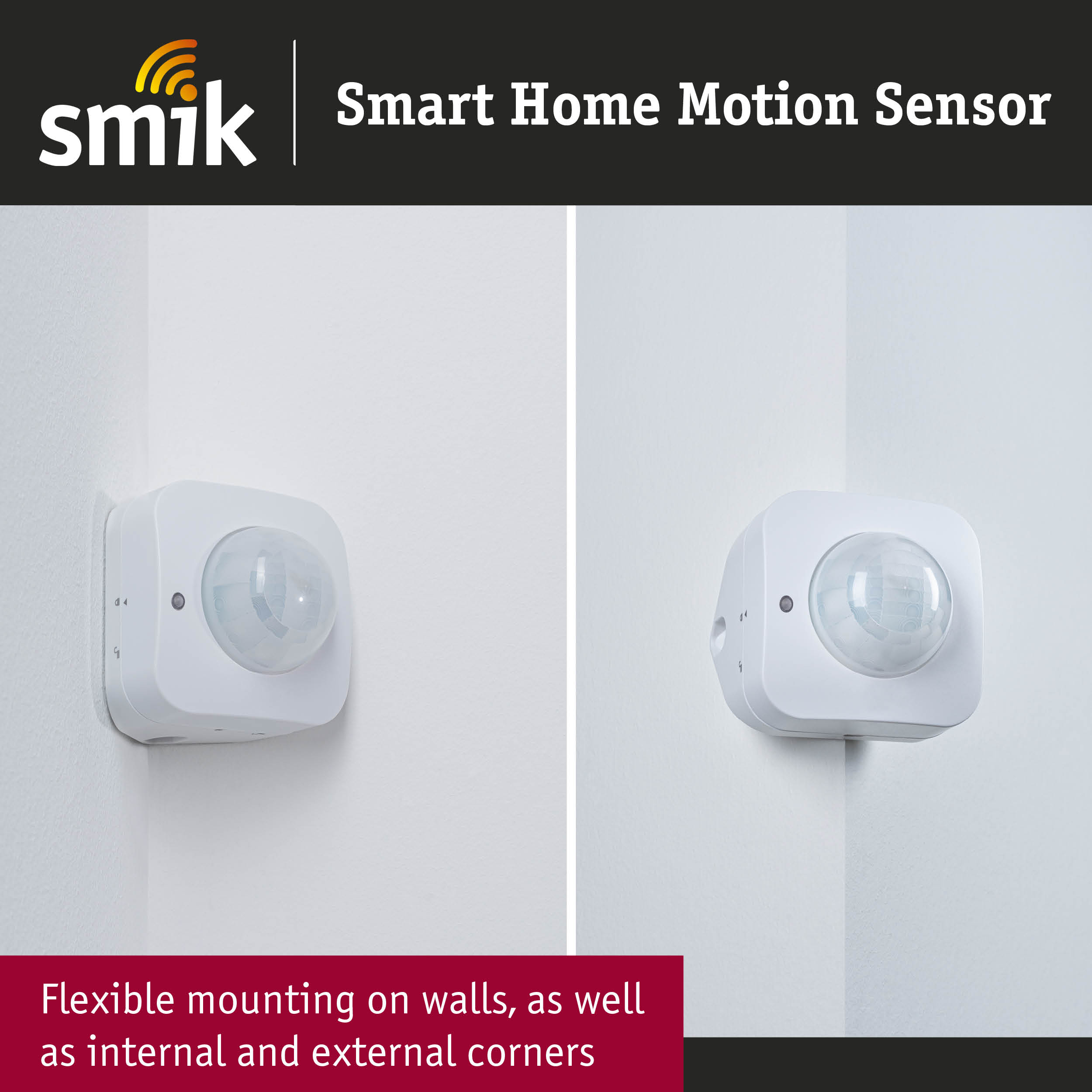 White smart home motion sensor with flexible mounting on walls and corners for home security
