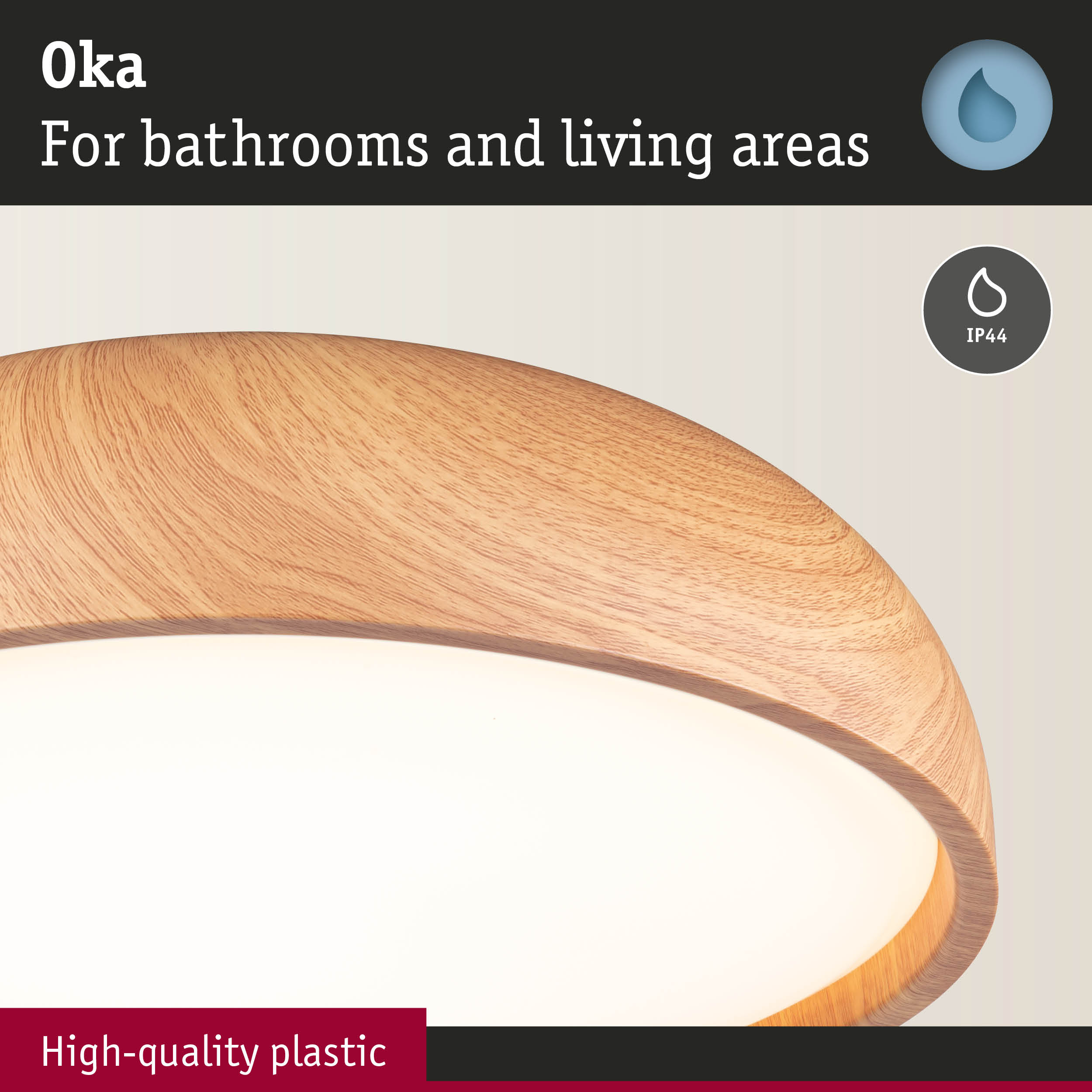 Oka ceiling light with wood finish and high-quality plastic for bathrooms and living areas