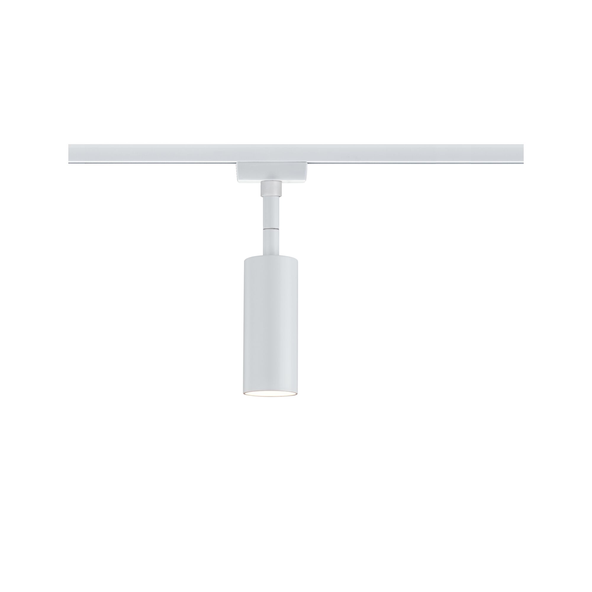 Moderner weißer LED-Spot aus Metall an Schienensystem für flexible Raumbeleuchtung