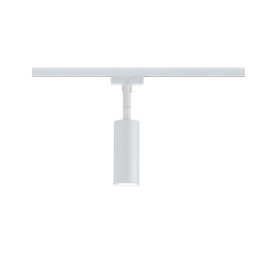 Moderner weißer LED-Spot aus Metall an Schienensystem für flexible Raumbeleuchtung
