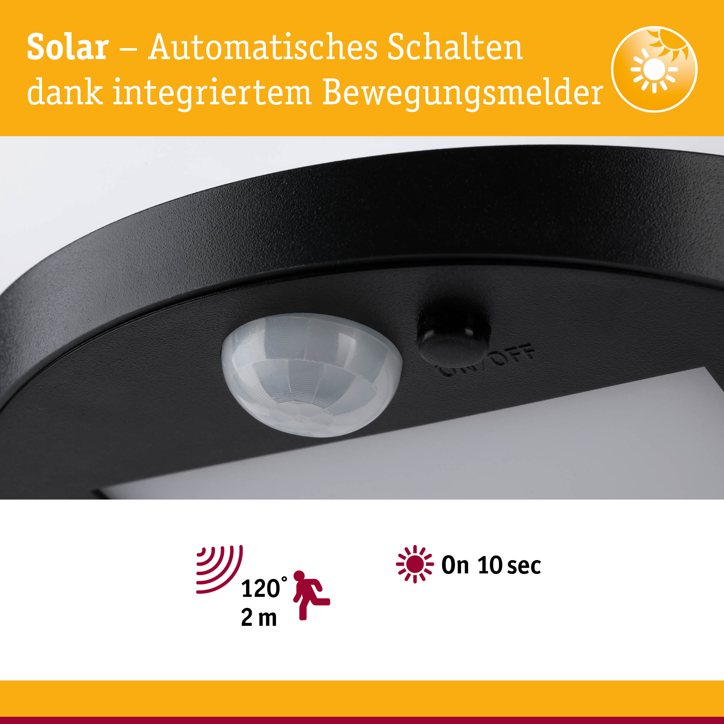 Schwarzer Solar-Bewegungsmelder mit automatischem Schalten und 120° Erfassungswinkel bis 2 Meter