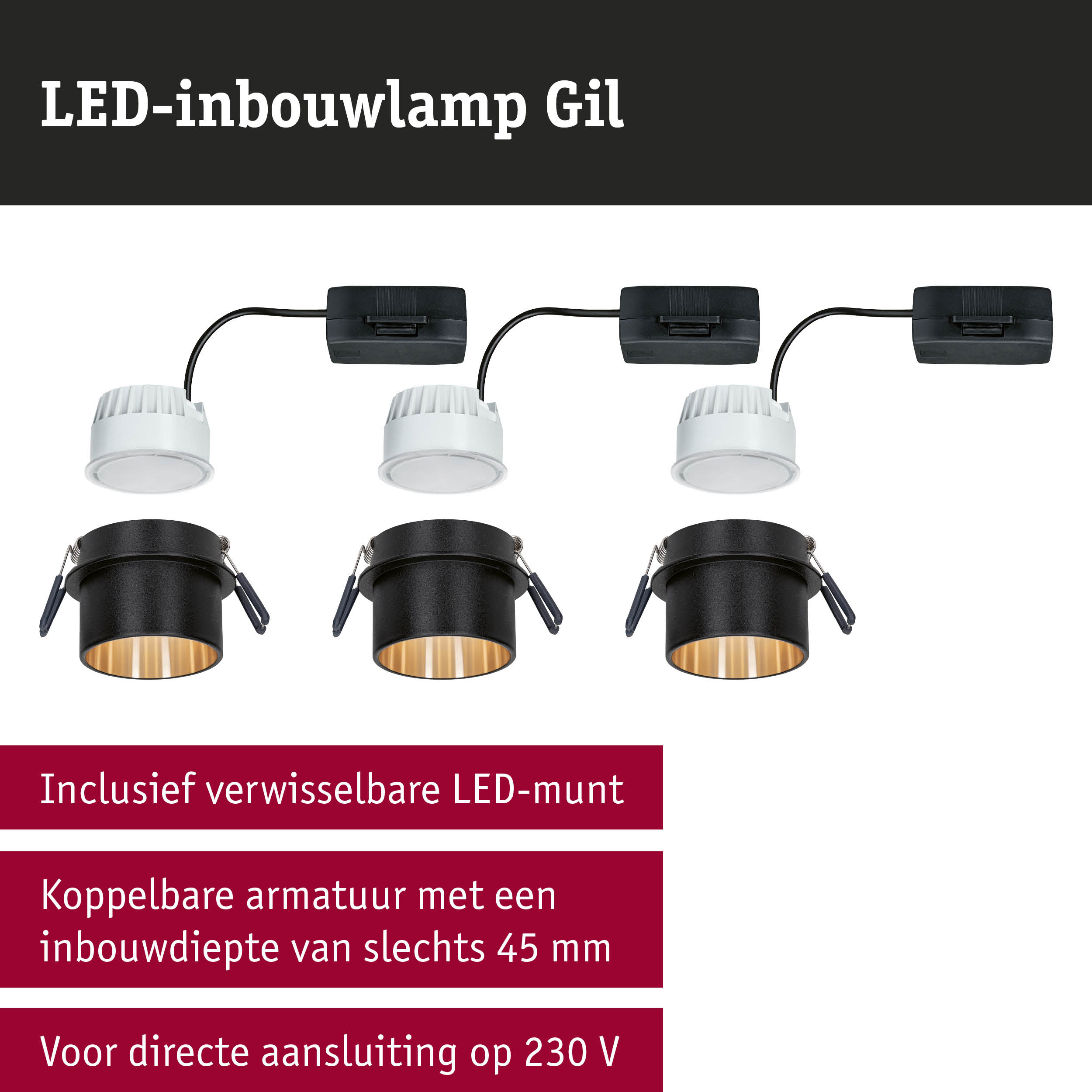 Zwarte LED-inbouwspot Gil met gouden binnenkant, inclusief verwisselbare LED-munt voor plafondverlichting