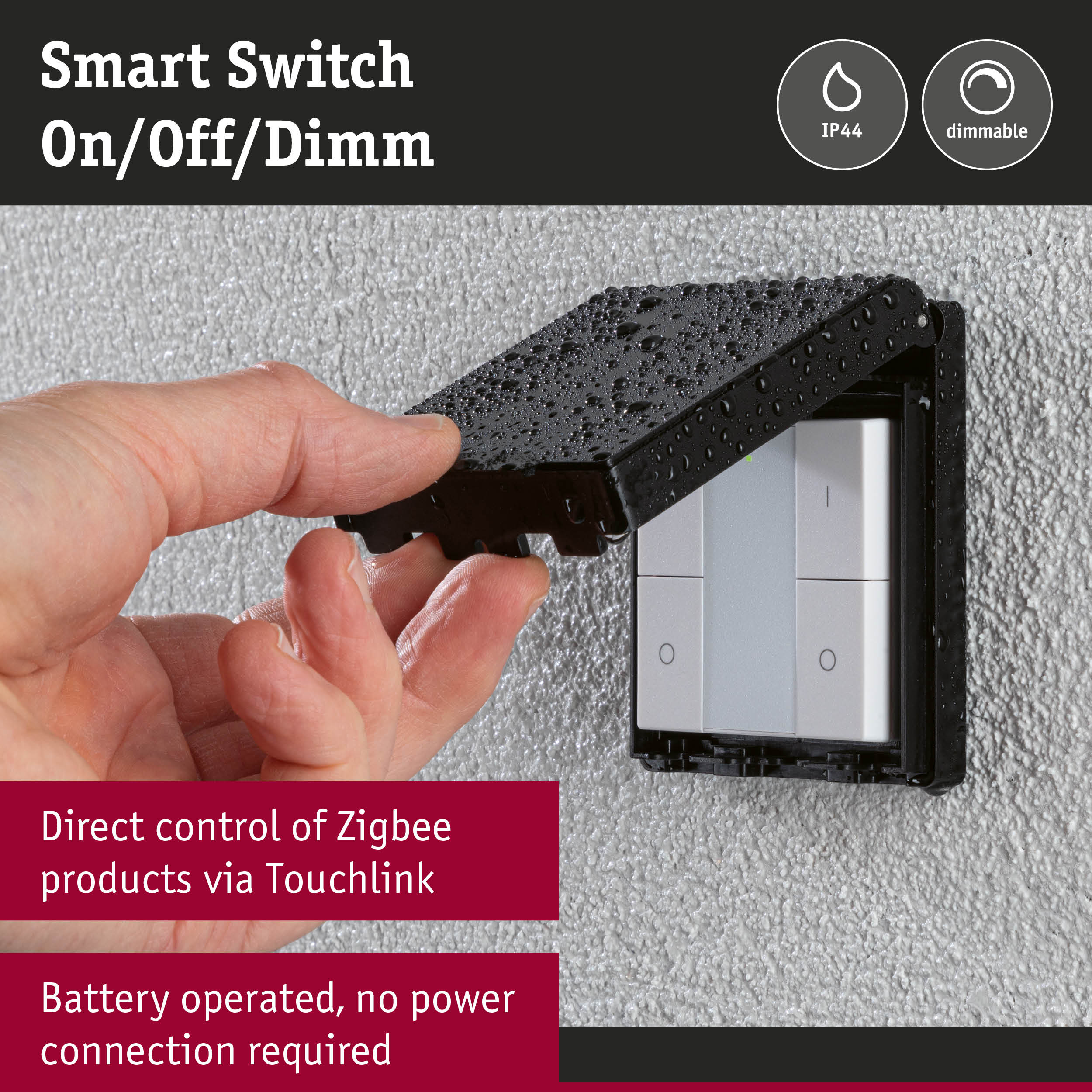Waterproof black smart switch with IP44 rating and dimmable function for Zigbee control