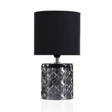 Table lamp with black fabric shade and textured grey glass base for stylish home lighting