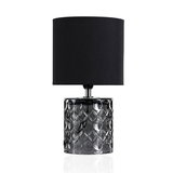 Table lamp with black fabric shade and textured grey glass base for stylish home lighting