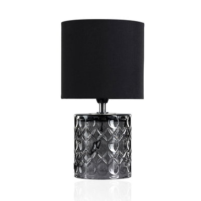 Table lamp with black fabric shade and textured grey glass base for stylish home lighting