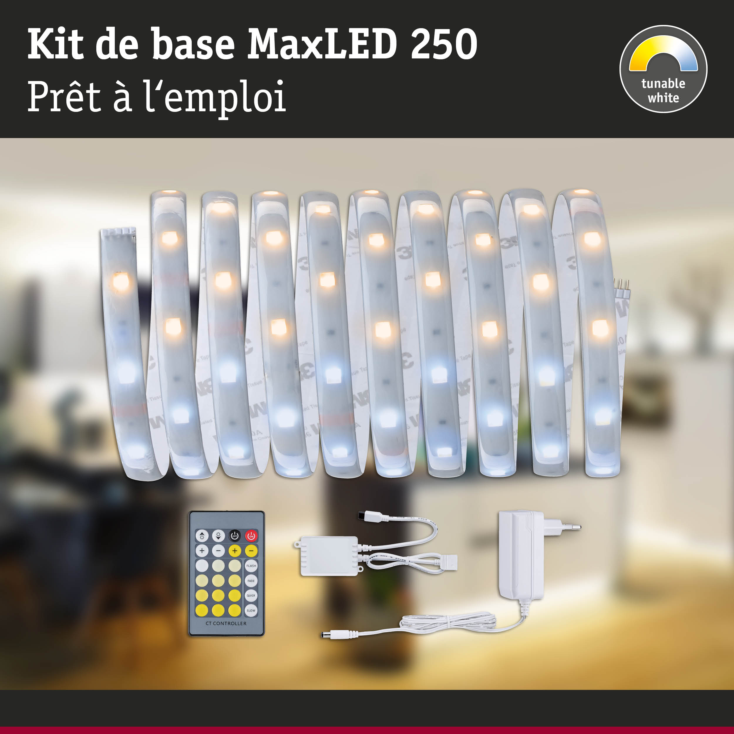 Kit bande LED MaxLED 250 avec télécommande et alimentation, dimmable, lumière blanche, bande flexible